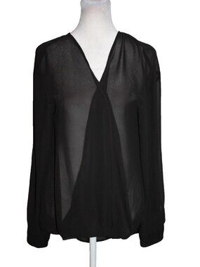 Decree Blouse Women's Size L Black Long Sleeve Sheer V-Neck Crossover Top Shirt
